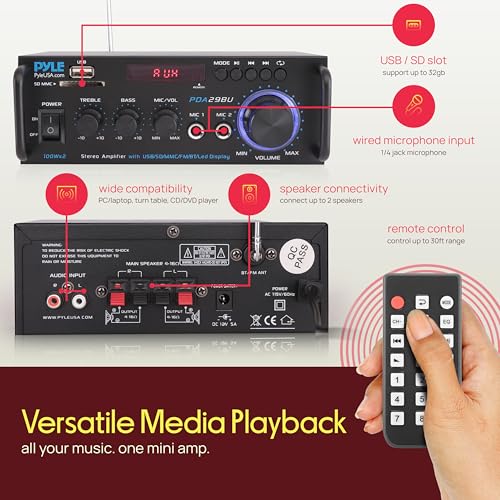 Pyle 200W Bluetooth Compact Power Amplifier - Wireless 2 Channel Audio Receiver with Dual Karaoke Mic Input - RCA - USB-A + SD Card MP3 Player - FM Radio - AUX In - Remote Control - PDA29BU