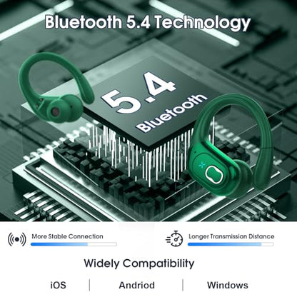 Aptkdoe Wireless Earbuds 75H Bluetooth 5.4 Sport Headphones with Earhooks | IPX7 Waterproof In-ear Buds Feature ENC Noise Cancelling Mic. Stereo Sound Device for Gym Running Workout, Dark Green - color: Dark Green