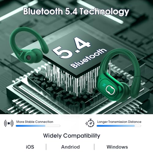 Aptkdoe Wireless Earbuds 75H Bluetooth 5.4 Sport Headphones with Earhooks | IPX7 Waterproof In-ear Buds Feature ENC Noise Cancelling Mic. Stereo Sound Device for Gym Running Workout, Dark Green - color: Dark Green
