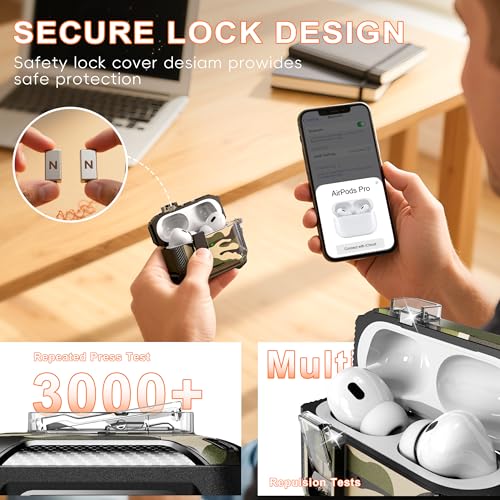 for AirPods Pro 2 Case with Lock Magnetic Lid, Camo | Compatible with AirPods Pro 2nd Generation and AirPods Pro 1st Generation (2019) Case with Cleaner Kit & Carabiner, MagSafe - color: FK-Camo, size: Airpoods Pro 1st/2nd Generation