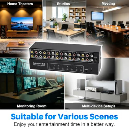 8-Way Composite AV RCA Switcher, 8 in 2 Out Automatic Switch Box | Video L/R Audio Selector 8x2 8 Port AV Selector RCA Switch for HDTV LCD DVD STB Game Consoles (8 in 2 Out) - size: 8 IN 2 OUT