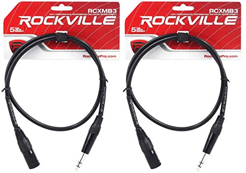 Rockville RCXMB3B Black 3' Male REAN XLR to 1/4" TRS Cable, 2-Pack | Patch Cable, Balanced Audio, Nickel Plated, 24 AWG OFC, 90% Spiral Shield, EMI/RFI Rejection, Low Noise, 100% Copper