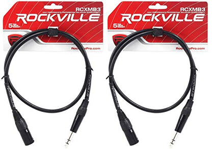 Rockville RCXMB3B Black 3' Male REAN XLR to 1/4" TRS Cable, 2-Pack | Patch Cable, Balanced Audio, Nickel Plated, 24 AWG OFC, 90% Spiral Shield, EMI/RFI Rejection, Low Noise, 100% Copper