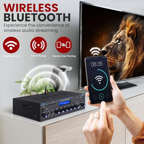 Pyle Wireless BT Stereo Amplifier - Multi Channel, 200 Watt Power, Home Audio Receiver System with FM Radio, BT, USB SD, AUX, RCA, Mic-in, BT and FM Antenna