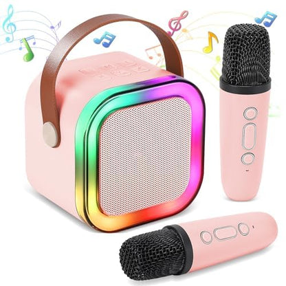 Mini Karaoke Machine for Kids, Portable Bluetooth Speaker with 2 Wireless Microphones,Christmas and Birthday Gifts Suitable for Girls Aged 4 to 12(Pink) - color: Pink