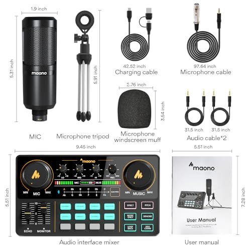 MAONO Podcast Equipment Bundle with Audio Mixer & 3.5mm Mic for Streaming | All-in-one audio production, PC and smartphone-compatible, 4 custom soundpads, for creators, home podcast setup AU-AM200-S1 - color: AU-AM200-S1 Black