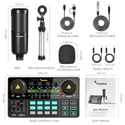 MAONO Podcast Equipment Bundle with Audio Mixer & 3.5mm Mic for Streaming | All-in-one audio production, PC and smartphone-compatible, 4 custom soundpads, for creators, home podcast setup AU-AM200-S1 - color: AU-AM200-S1 Black