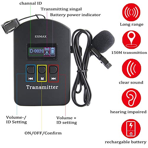 EXMAX EXD-101 2.4G Wireless Voice Transmission System Church Translation Equipment Translator Device for Tourism Museums - 2 Transmitters 15 Receivers & 16-Port Charge Station & Black Storage Case