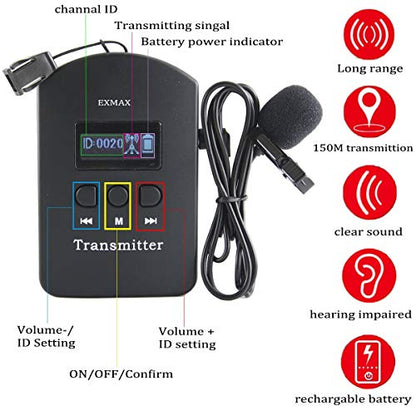 EXMAX EXD-101 2.4G Wireless Voice Transmission System Church Translation Equipment Translator Device for Tourism Museums - 2 Transmitters 15 Receivers & 16-Port Charge Station & Black Storage Case