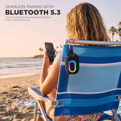 iHome Quest Wireless Portable Bluetooth Speaker with RGB Light | Water-Resistant, Built-In Carry Strap, TWS Pairing, Rechargeable Battery, USB-C Cable Included, True Stereo, Bluetooth 5.3 - color: Black