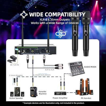 Professional Wireless Microphone System, 500ft Long Range 2.4G Cordless Mic Set with 40H Playtime, Dynamic Microphones Memory Function for Karaoke Singing, DJ, Church, Party, Wedding