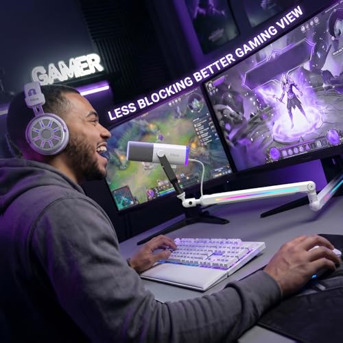 FIFINE BM88ProW RGB Low Profile Microphone Boom Arm for Gaming Streaming | Rotatable Desk Mount Mic Stand, Cable Management, RGB Control for Podcast, - color: white