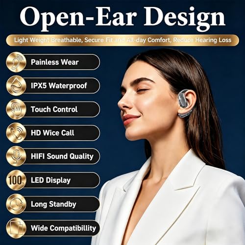 Open Ear Headphones, Wireless Headphones with Smart Digital Display & Mic | (Gray) Open Ear Earbuds 35H Playtime, Sweat Resistant & Waterproof, Secure Comfortable Fit - Running, Sport, Driving, Daily - color: Gray