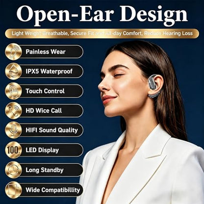 Open Ear Headphones, Wireless Headphones with Smart Digital Display & Mic | (Gray) Open Ear Earbuds 35H Playtime, Sweat Resistant & Waterproof, Secure Comfortable Fit - Running, Sport, Driving, Daily - color: Gray