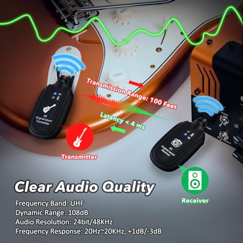 A8 Wireless Guitar System UHF 2 Modes, 100ft Range, 2TX + 1RX