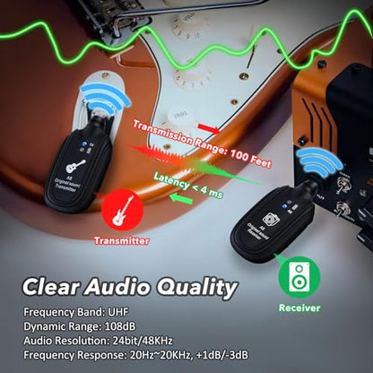 A8 Wireless Guitar System UHF 2 Modes, 100ft Range, 2TX + 1RX