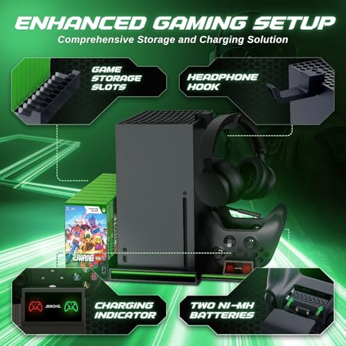 TNP Xbox Series X Charging Station and Vertical Stand with Dual Charger | 2 Rechargeable 300Mah Batteries, 10-Game Storage and Headset Hook Organize Your Console Setup While Charging 2 Controllers