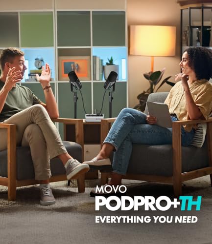 Movo PodPro+ Podcast Equipment Bundle for iPhone & Android – Professional Podcast Kit with Audio Interface, 2 Dynamic Mics, 2 Headphones, and Table Stands – Compatible with Smartphones, PC, and Mac - style: with Desk Stands and Headphones