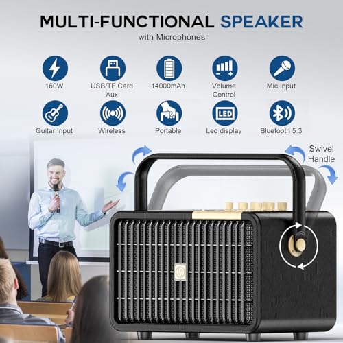 SUPNIU Wireless Voice Amplifier Professional Karaoke Machine with 2 UHF Microphones for Adults, 320W Peak Bluetooth Speaker PA System Treble & Bass for Home Party Wedding Outdoor Christmas Events L400 - color: Black