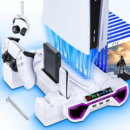 PS5/Slim/Pro Cooling Station and Controller Charging Station with LED Stand for PlayStation 5 Console - PS5 Controller Charger, Cooling Stand Accessory Kit-Cooler Fan/Headset Holder/3 USB Hub, White - color: White