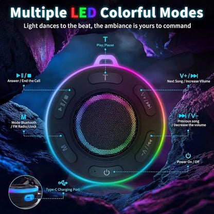 Portable Bluetooth Shower Speaker with Waterproof,Stereo,LED Light | Over 10H Playtime,Built-in Micro,Suction Cup&Hook,for Outdoor,Kitchen,Kayak,Beach,Camping,Gifts for Unisex
