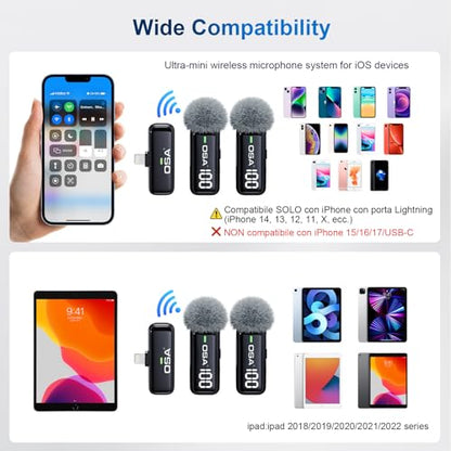 OSA 2Pcs Wireless Lavalier Microphone for iPhone iPad with Charging Charging Case and Transmitter Digital Display, 30H Clip on Lapel Microphone Wireless for Video Recording - style: Lighning