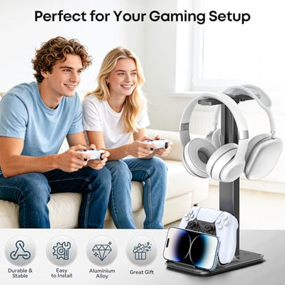 Height Adjustable Dual Headphone Stand, 360° Rotatable Gaming Headset Holder with Controller & Phone Stand, All-in-One Desk Organizer for PS5/Xbox/Switch Controllers/iPad, Desktop Game Accessories