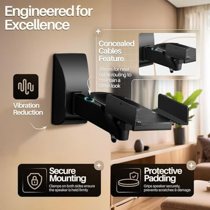 TNP Bookshelf Speaker Wall Mounts, Dual Side Clamps, 55 lb, 2 Pack, Black | Rear Surround Sound Speaker Mounts Fit 5.5-11 In Wide Speakers, with 45° Swivel and 7.5° Tilt for Home Theater or Studio - color: Black