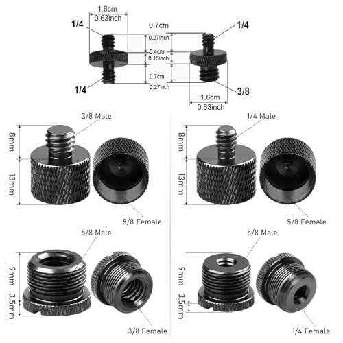 13 Pack Microphone Stand Adapter Screws with Extension Tube,Black Aluminum Alloy,3/8 to 5/8 and 1/4 Threaded Screw Mount for Mic Boom Arm,Camera Tripod,Projector Stand Arm,Fill Light