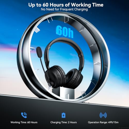 Bluetooth Headset with Microphone, 60 Hrs Bluetooth Headphones with Mic, Wireless Headset with Mic for Work/Meetings/Office/iPhone/Phone Calls/Call Center/Computer/PC/Teams/Zoom/Podcast/Skype/WebEx
