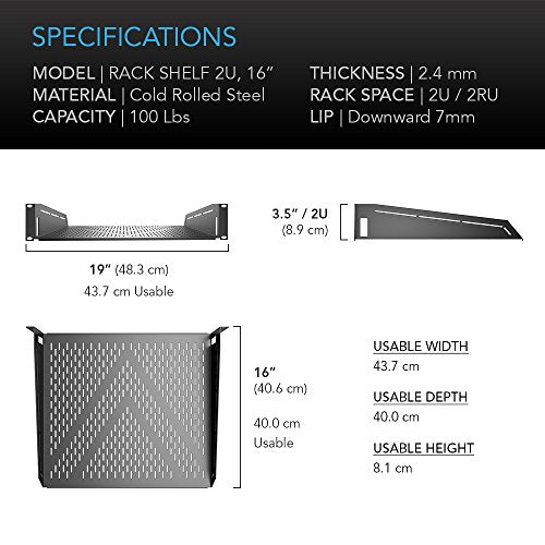 AC Infinity Vented Cantilever 2U Universal Rack Shelf, 16" Deep | Designed for 19” Equipment Racks. Heavy-Duty 2.4mm Cold Rolled Steel, 100lbs Capacity - size: 2RU 16" Deep