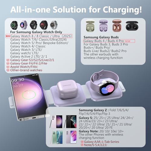 Travel Charger for Samsung Multi Devices, Foldable 3 in 1 Wireless Charging Station Fast Charging Stand/Pad Compatible for Samsung Galaxy S25/S24/S23/S22/S21/Note20 Galaxy Watch8/7/6/5/4/Galaxy Buds4 - color: Violet