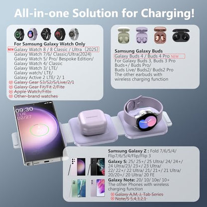 Travel Charger for Samsung Multi Devices, Foldable 3 in 1 Wireless Charging Station Fast Charging Stand/Pad Compatible for Samsung Galaxy S25/S24/S23/S22/S21/Note20 Galaxy Watch8/7/6/5/4/Galaxy Buds4 - color: Violet