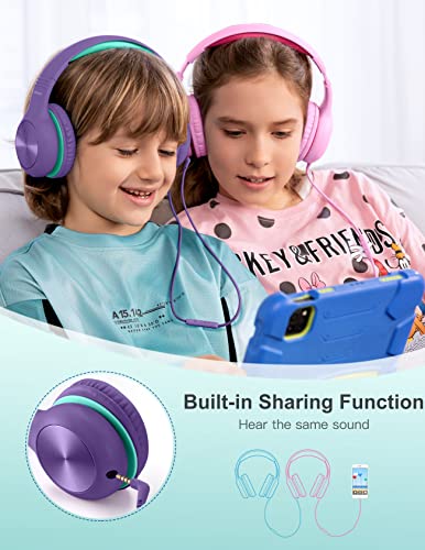 Nabevi Headphones for Kids for School, Kids Headphones with Microphone, Sharing Function, 85dB/94dB Safe Volume Limit, HD Sound, Over Ear Kid Headphone for School, On-line Study, Travel, Purple - color: Purple