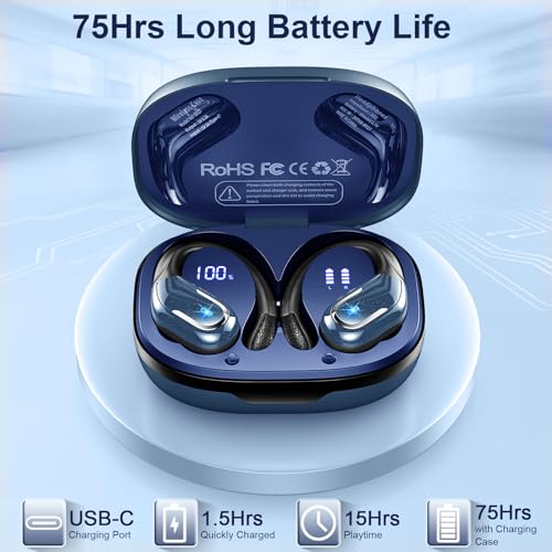 Wireless Earbud, Bluetooth 5.4 Headphones IP7 Waterproof Sport, 75Hrs Running Wireless Earphones with ENC Noise Canceling Mic, Deep Bass Over Ear bud with Earhooks for Android, iOS, Workout, Gym, Blue - color: Blue