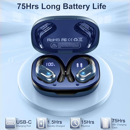 Wireless Earbud, Bluetooth 5.4 Headphones IP7 Waterproof Sport, 75Hrs Running Wireless Earphones with ENC Noise Canceling Mic, Deep Bass Over Ear bud with Earhooks for Android, iOS, Workout, Gym, Blue - color: Blue
