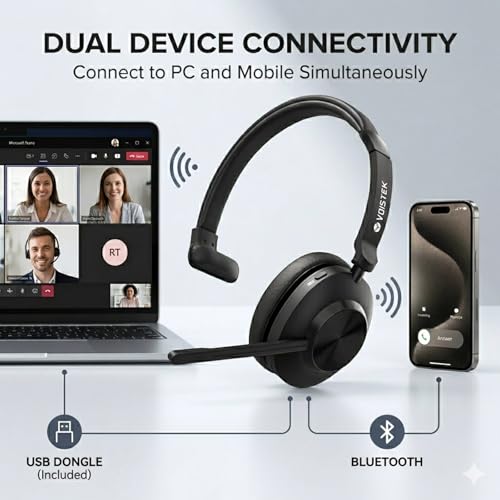 Voistek Wireless Headset with Mic for Work, Mono Bluetooth Computer Headset with USB Dongle, Noise Cancelling Mic, Mute Button, Wireless Business Headset for Zoom, Teams, Call Center, Home Office - color: Deep Black