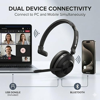 Voistek Wireless Headset with Mic for Work, Mono Bluetooth Computer Headset with USB Dongle, Noise Cancelling Mic, Mute Button, Wireless Business Headset for Zoom, Teams, Call Center, Home Office - color: Deep Black