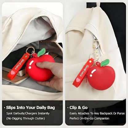 【Woyinger】 Fruit Shaped Silicone Earbud Case for AirPods, Tech Organizer Pouch with Keychain & Wrist Strap, Mini Cable Coin Wired/Wireless Earphone Holder, Red - color: A2-Apple