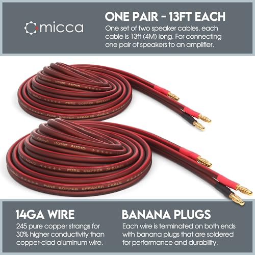 Micca 14-Gauge Pure Copper Speaker Cable Pair, 13 ft Each, Banana Plugs | Gold Plated, 245-Strands per Wire, Soldered Joints, Dual-Layer Jacket, Slim Low Profile, Stereo or Home Theater, 4-Meter - size: 14 AWG, 13 Feet (4M)