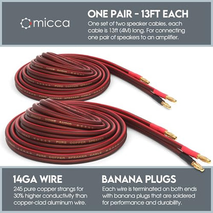 Micca 14-Gauge Pure Copper Speaker Cable Pair, 13 ft Each, Banana Plugs | Gold Plated, 245-Strands per Wire, Soldered Joints, Dual-Layer Jacket, Slim Low Profile, Stereo or Home Theater, 4-Meter - size: 14 AWG, 13 Feet (4M)