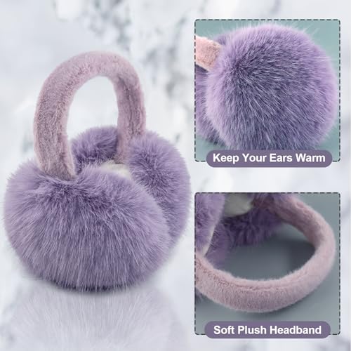 Earmuffs for Women Girls Faux Fur Fuzzy Headband Foldable Ear Covers Cold Weather Accessory - color: Purple