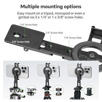 FANAUE Cell Phone Tripod Mount, Magnetic Aluminum Smartphone Stand Adapter with Cold Shoe Arca Swiss QR Base Plate,1/4" & 3/8'' Screw Phone Holder Mount for Video Live Streaming Vlogging