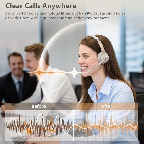 Wireless Headset, Bluetooth Headset with Microphone AI Noise Canceling & USB Dongle, On-Ear Wireless Headphones with Mic Mute & Charge Dock for Work Computer Phone Office Call Meeting