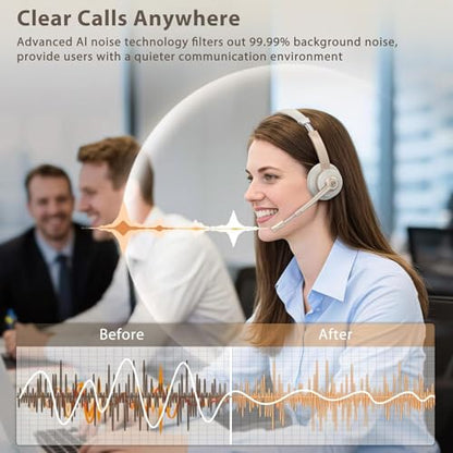 Wireless Headset, Bluetooth Headset with Microphone AI Noise Canceling & USB Dongle, On-Ear Wireless Headphones with Mic Mute & Charge Dock for Work Computer Phone Office Call Meeting