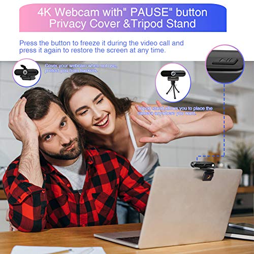 Webcam 4K 8MP with Microphone&Privacy Cover&Tripod for PC Video Call - color: Black