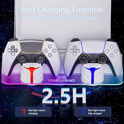 PS5 Wall Mount Kit with Charging Station, Compatible with PlayStation 5/Slim/Pro Disc & Digital Version, Dual Use Charging Station with Multi-Mode RGB Light, White