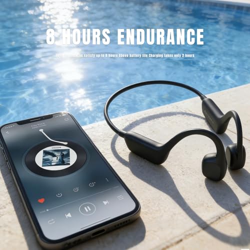 Bone Conduction Headphones for Swimming, Bluetooth 6 Open-Ear Sports Earbuds, Built-in MP3 Player with 32GB Memory, IPX8 Waterproof Swimming Headset，Sporty Black