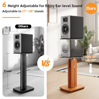 Solid Wood Speaker Stands Pair for Studio Monitor and Bookshelf Speakers | Height Adjustable Floor Speaker Stands for Klipsch, ELAC, JBL, KEF, Edifier Surround Sound Hold Up to 50 Lbs (Walnut)