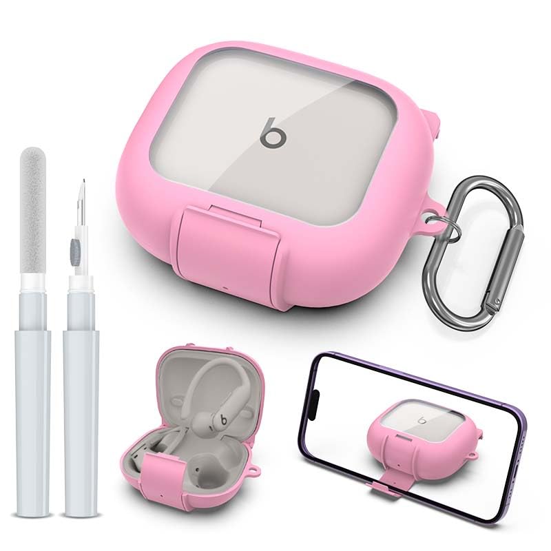 Secure Lock Case for Powerbeats Pro 2 with Phone Stand, LAKSDIURT Shockpoof Protection Cover Compatible with Beats Powerbeats Pro 2 Earbuds Clear Power Pro2 Case with Cleaner Kit & Keychain (Pink) - color: Pink